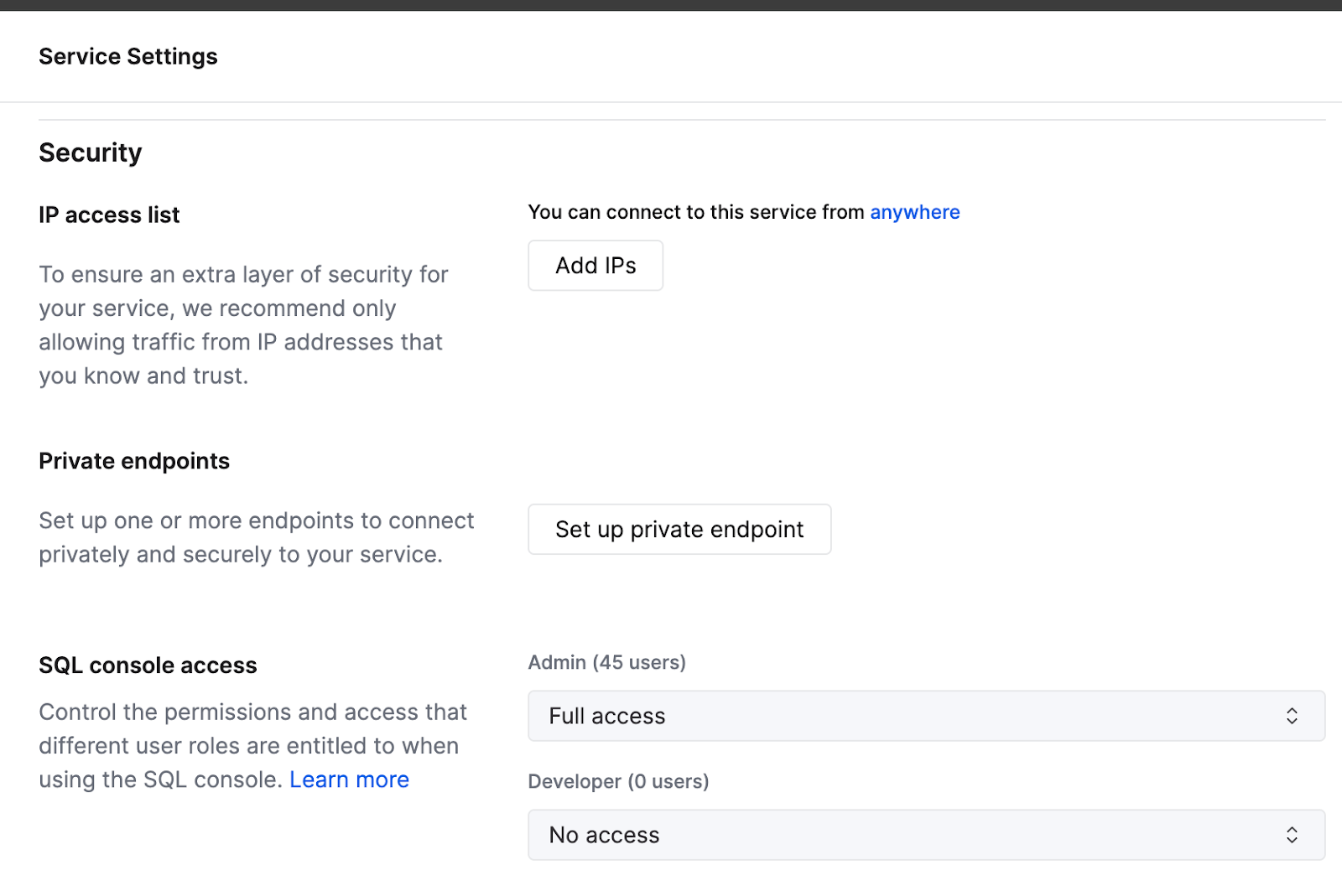 보안 설정에서 private endpoint 설정 인터페이스를 보여주는 ClickHouse Cloud Console