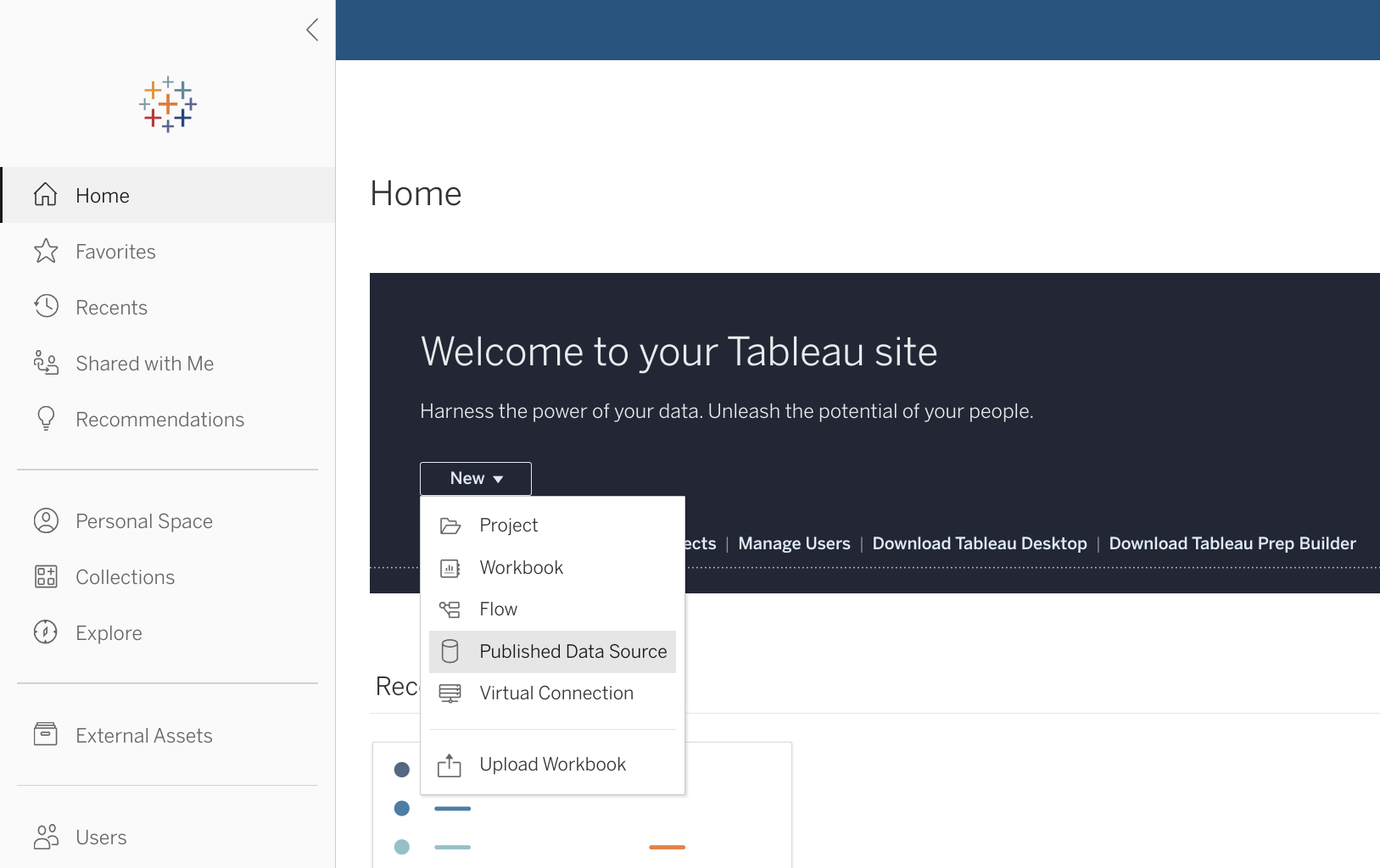 Published Data Source를 새로 만들기 위해 'New' 버튼이 표시된 Tableau Online 인터페이스